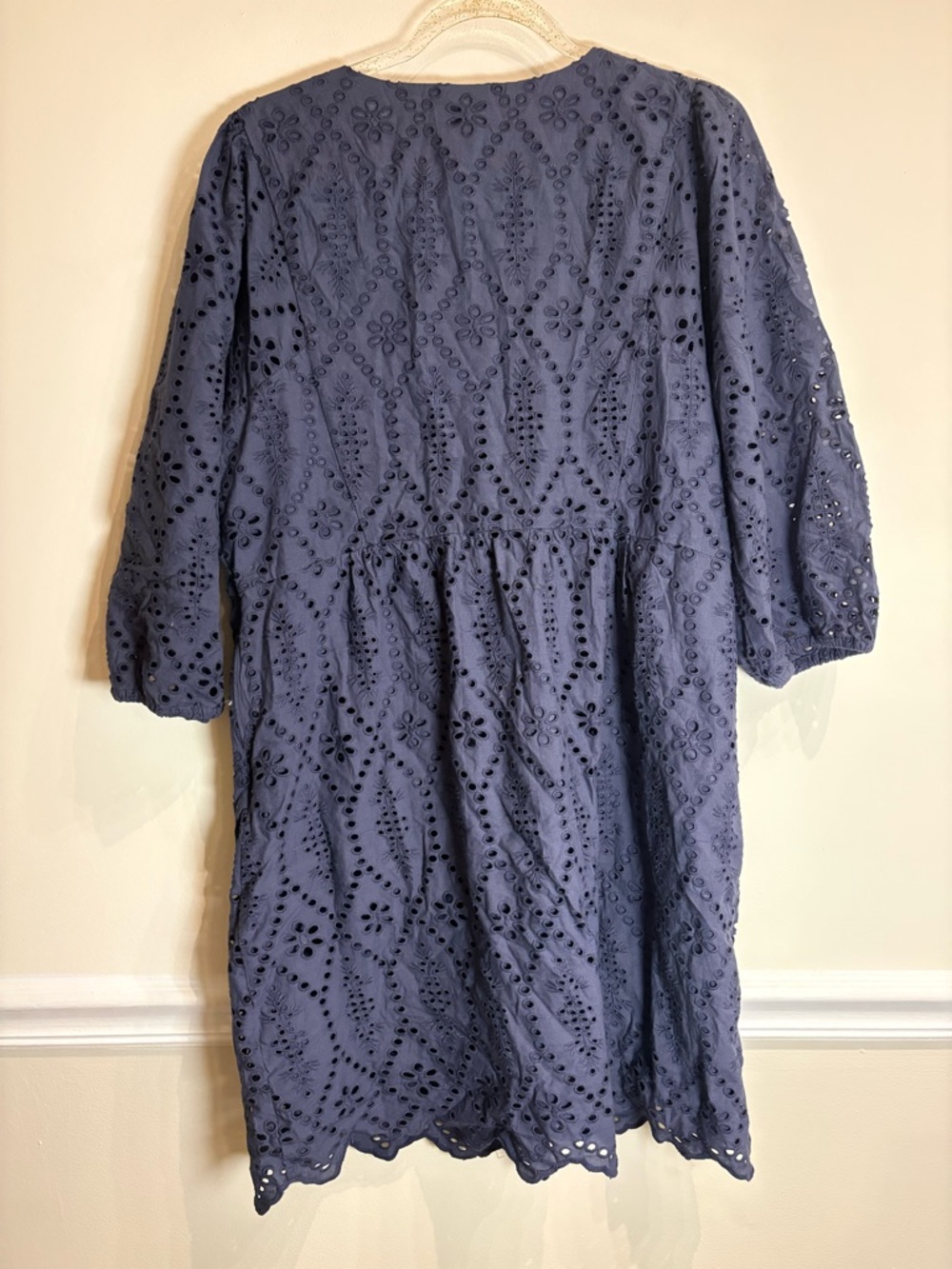 Garnet Hill Navy Blue Cotton Eyelet Dress Scallop Hem V-Neck NWT Size 16 - Picture 6 of 9